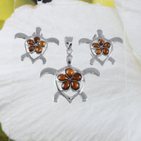 Beautiful Hawaiian Large Genuine Koa Wood Plumeria Sea Turtle Earring and Necklace, Sterling Silver Plumeria Turtle Pendant, N8507S