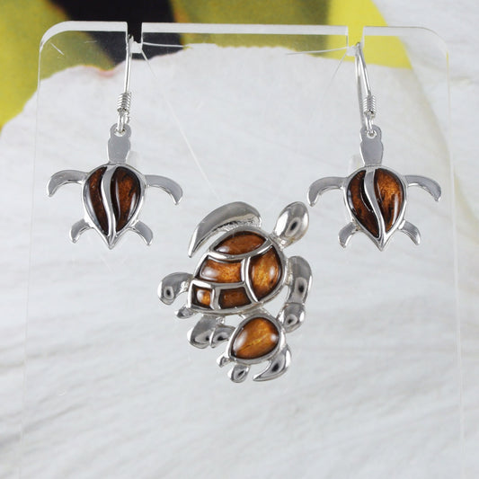 Boucles d'oreilles et collier uniques en bois de koa véritable hawaïen pour maman et bébé tortue de mer, pendentif tortue en argent sterling, cadeau d'anniversaire pour mère N8509SH