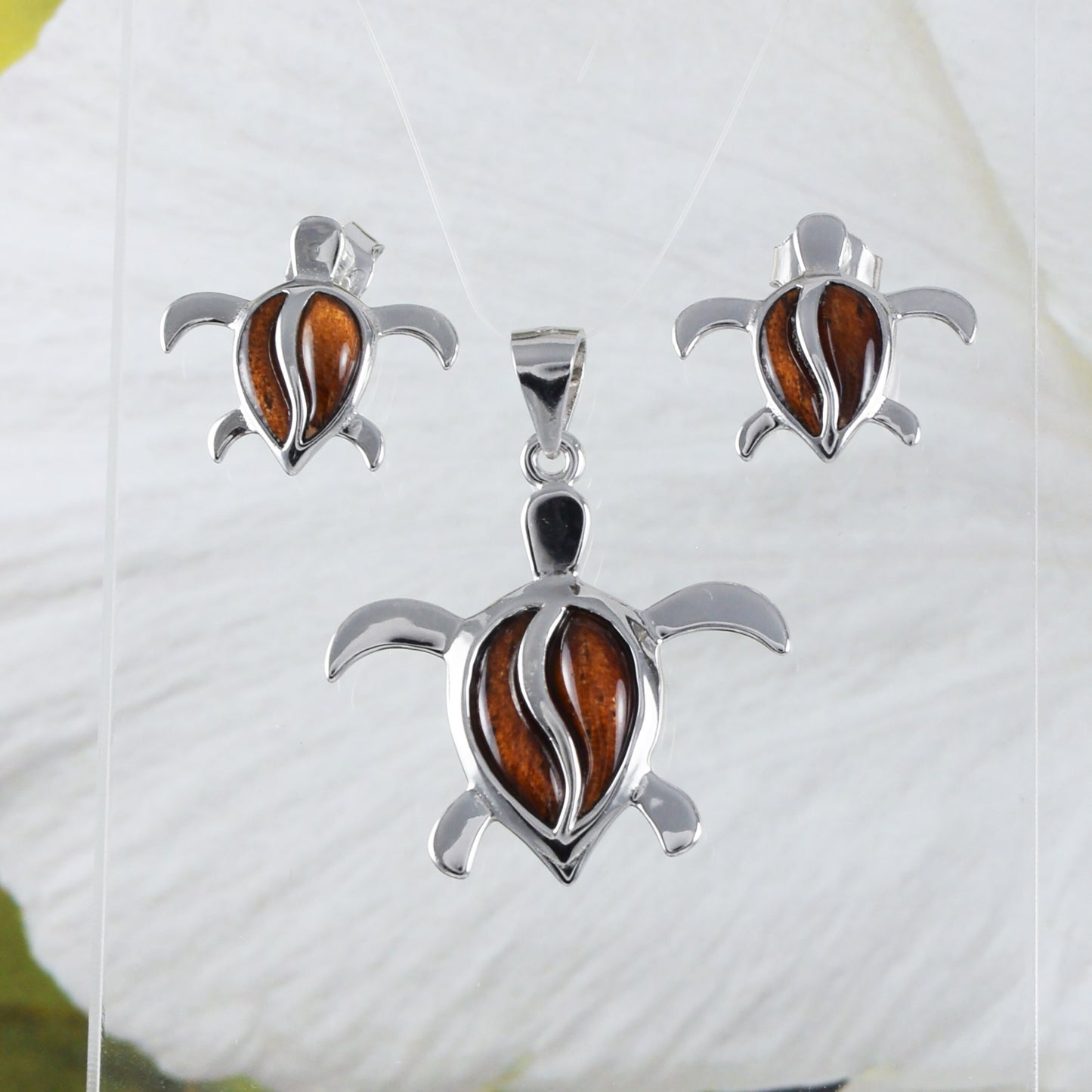 Gorgeous Hawaiian Genuine Koa Wood Sea Turtle Earring and Necklace, Sterling Silver Koa Wood Turtle Pendant, N8508S Birthday Mother Gift