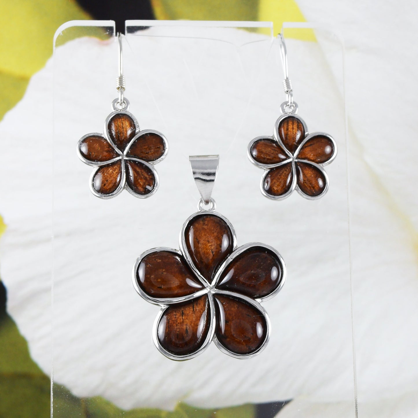 Boucles d'oreilles et collier uniques en véritable bois de koa hawaïen Plumeria, pendentif en argent sterling en forme de fleur de Plumeria, cadeau d'anniversaire pour mère N8511SH