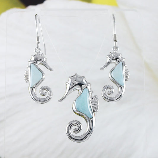 Boucles d'oreilles et collier uniques en véritable hippocampe hawaïen en larimar, pendentif en argent sterling avec hippocampe en larimar, cadeau d'anniversaire, de Saint-Valentin, N8446MS