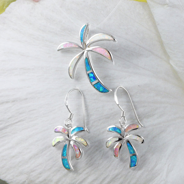 Boucles d'oreilles et collier uniques et magnifiques en forme de palmier hawaïen tricolore, pendentif en argent sterling avec opale bleue, blanche et rose, N8368S