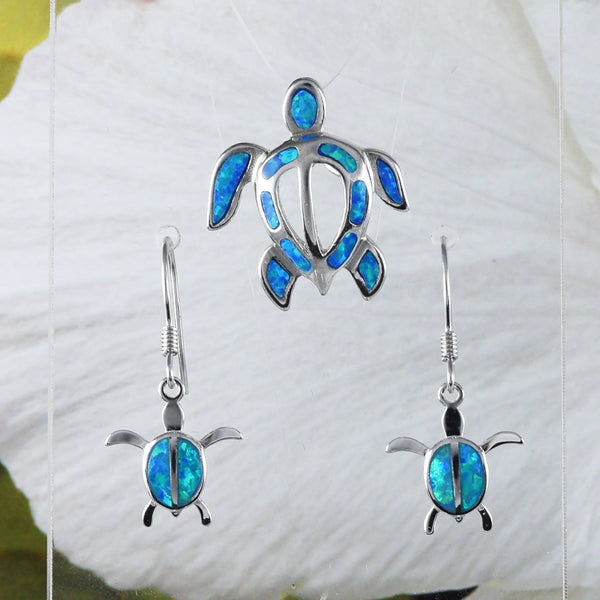 Boucles d'oreilles et collier uniques et magnifiques en forme de tortue de mer en opale bleue hawaïenne, pendentif en argent sterling avec opale bleue, cadeau d'anniversaire pour mère N8374S