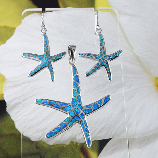 Gorgeous X-Large Hawaiian Blue Opal Starfish Earring and Necklace, Sterling Silver Blue Opal Star Fish Pendant, N8376S Birthday Mom Gift