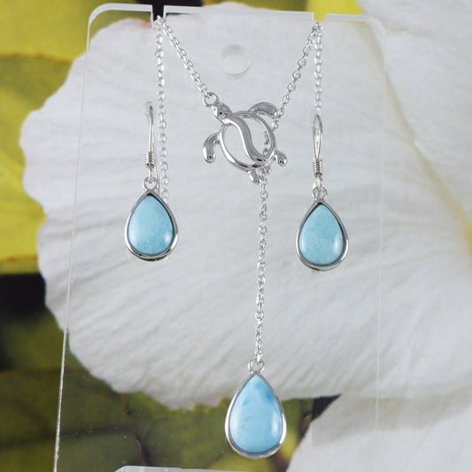 Boucles d'oreilles et collier uniques en forme de goutte de pluie en forme de tortue de mer en larimar véritable hawaïen, collier en argent sterling avec tortue en larimar N8433S1, cadeau d'anniversaire pour maman