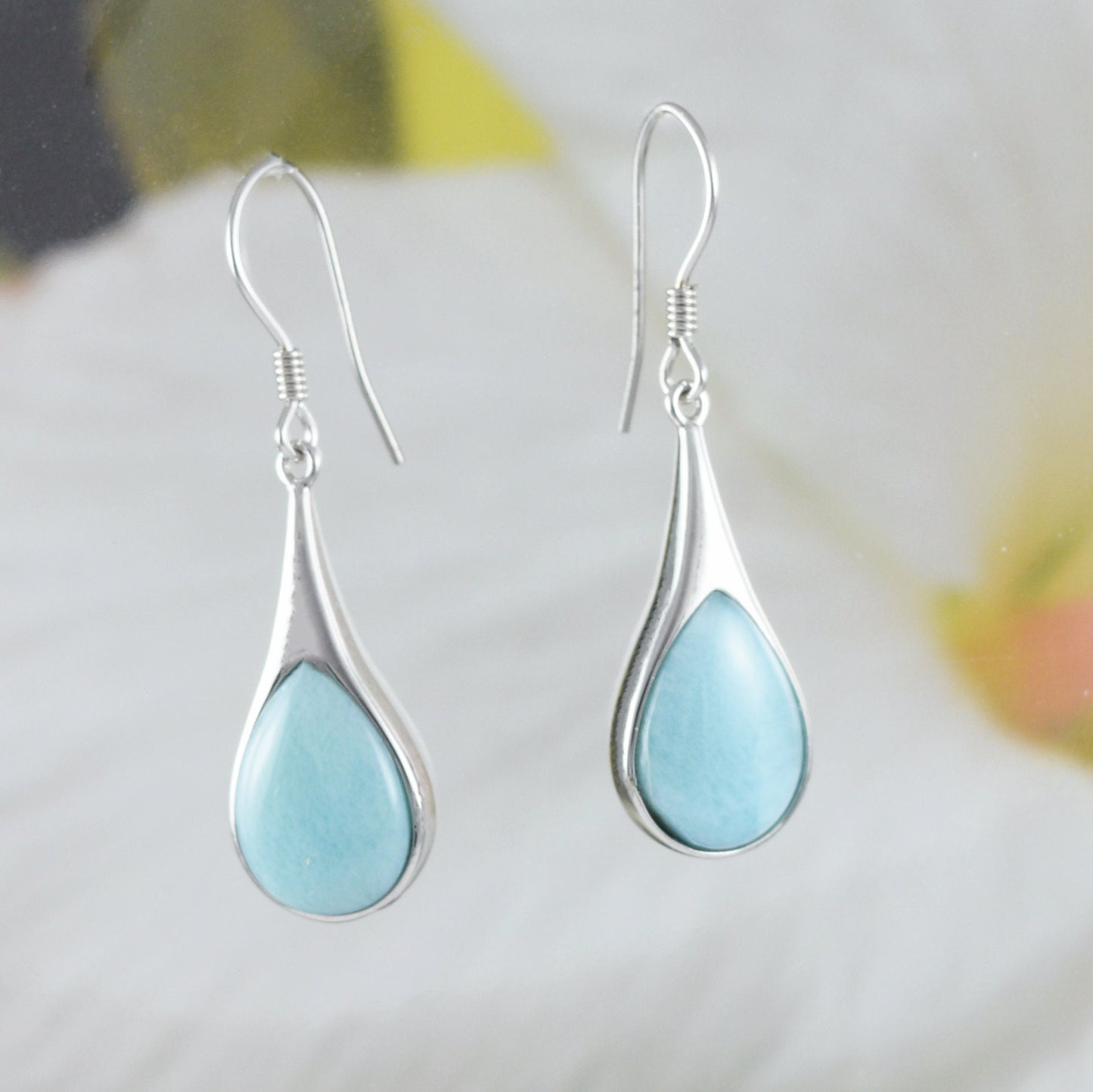 Boucles d'oreilles et collier uniques en forme de goutte de pluie en forme de tortue de mer en larimar véritable hawaïen, collier en argent sterling avec tortue en larimar N8433S2, cadeau d'anniversaire pour maman