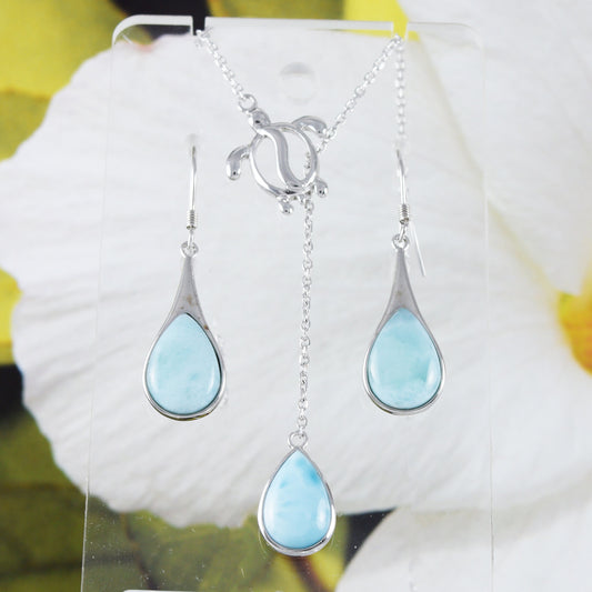 Boucles d'oreilles et collier uniques en forme de goutte de pluie en forme de tortue de mer en larimar véritable hawaïen, collier en argent sterling avec tortue en larimar N8433S2, cadeau d'anniversaire pour maman