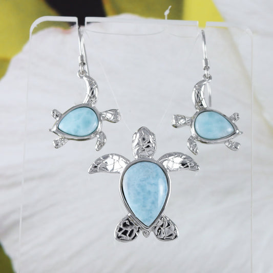 Boucles d'oreilles et collier uniques en véritable tortue de mer Larimar hawaïenne, pendentif en argent sterling avec tortue Larimar, cadeau d'anniversaire pour maman, Saint-Valentin, N8435S