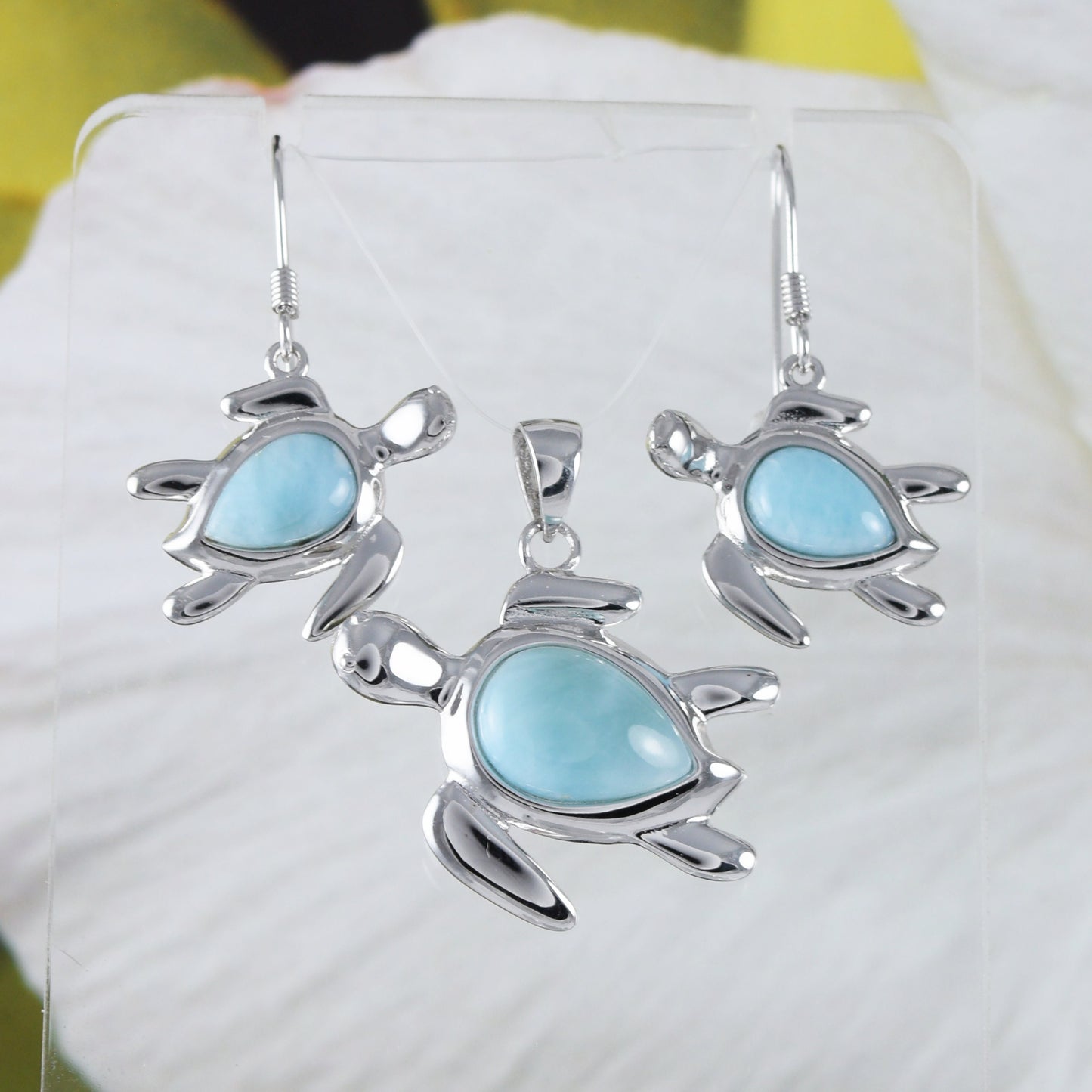 Boucles d'oreilles et collier uniques en véritable tortue de mer Larimar hawaïenne, pendentif en argent sterling avec tortue Larimar, cadeau d'anniversaire pour maman N8436S