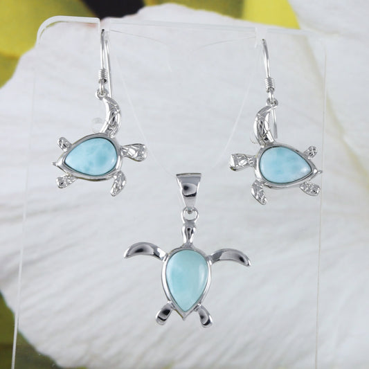 Boucles d'oreilles et collier uniques en véritable tortue de mer Larimar hawaïenne, pendentif en argent sterling avec tortue Larimar, cadeau d'anniversaire pour maman N8437S