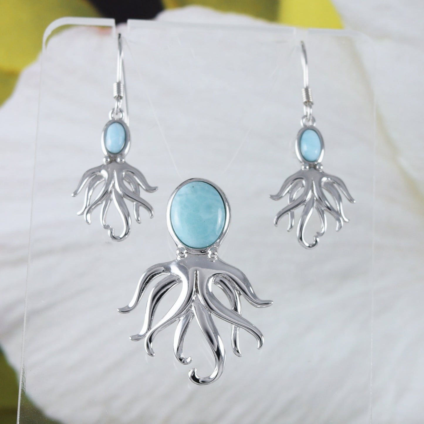 Boucles d'oreilles et collier uniques en véritable larimar hawaïen avec pendentif en argent sterling et poulpe en larimar, cadeau d'anniversaire pour mère, épouse, maman, N8438S