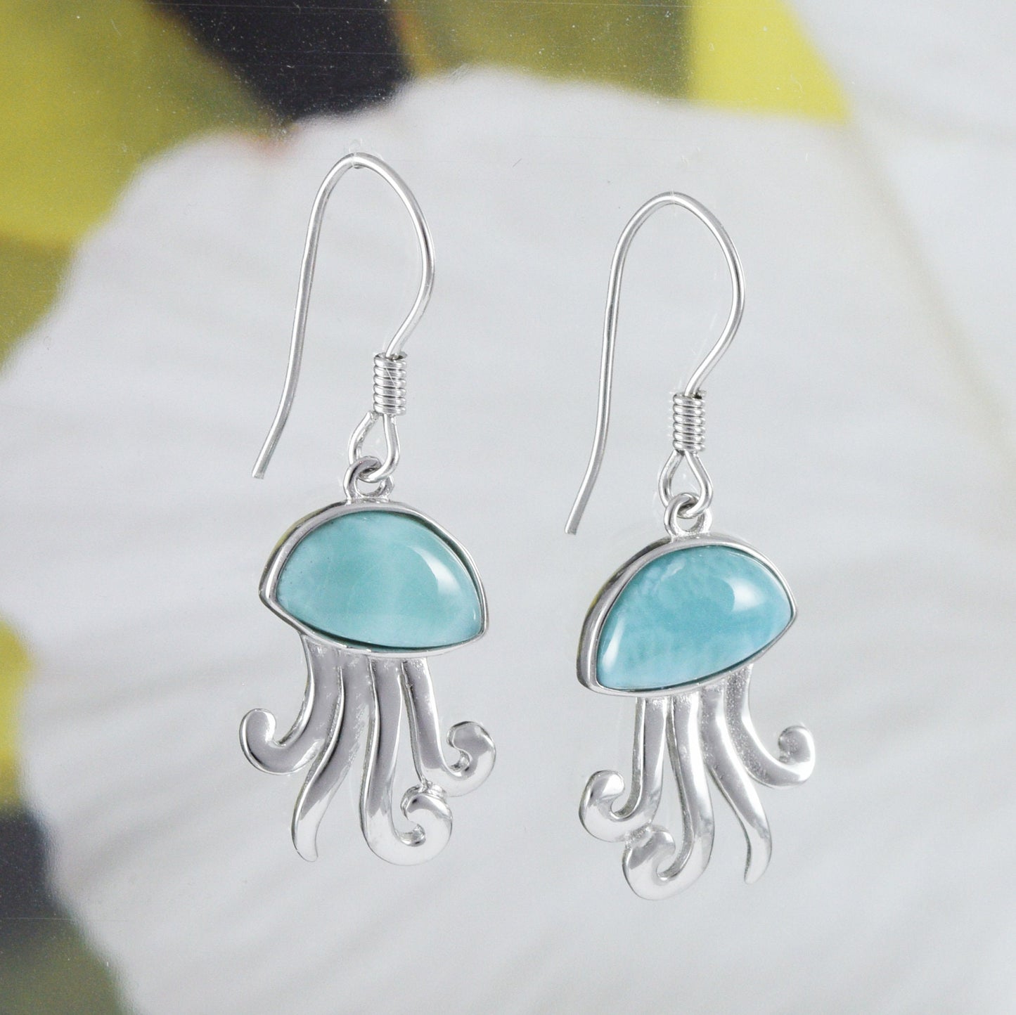 Boucles d'oreilles et collier uniques en véritable méduse hawaïenne en larimar, pendentif en argent sterling en forme de méduse en larimar, cadeau d'anniversaire pour maman N8440S