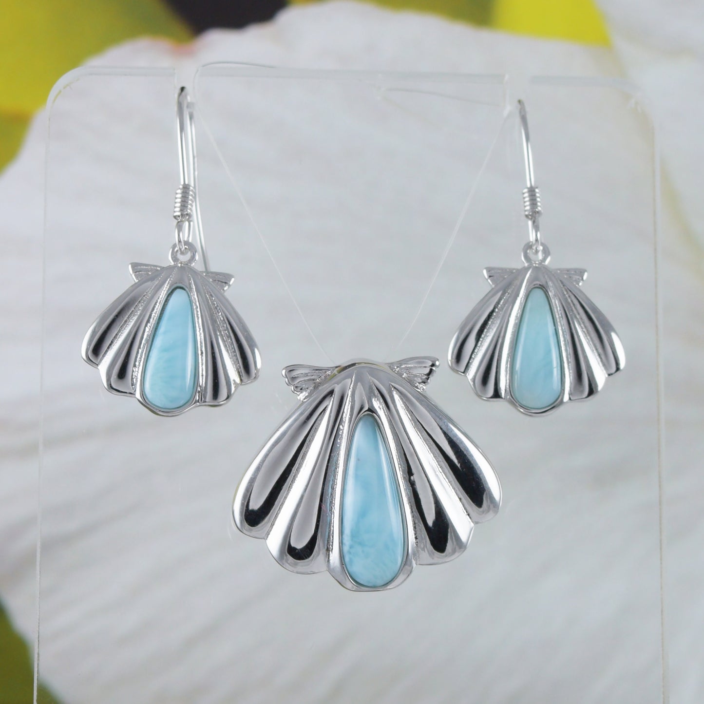 Boucles d'oreilles et collier uniques en coquillage de larimar hawaïen authentique, pendentif en coquillage de larimar en argent sterling, cadeau d'anniversaire pour maman N8442S