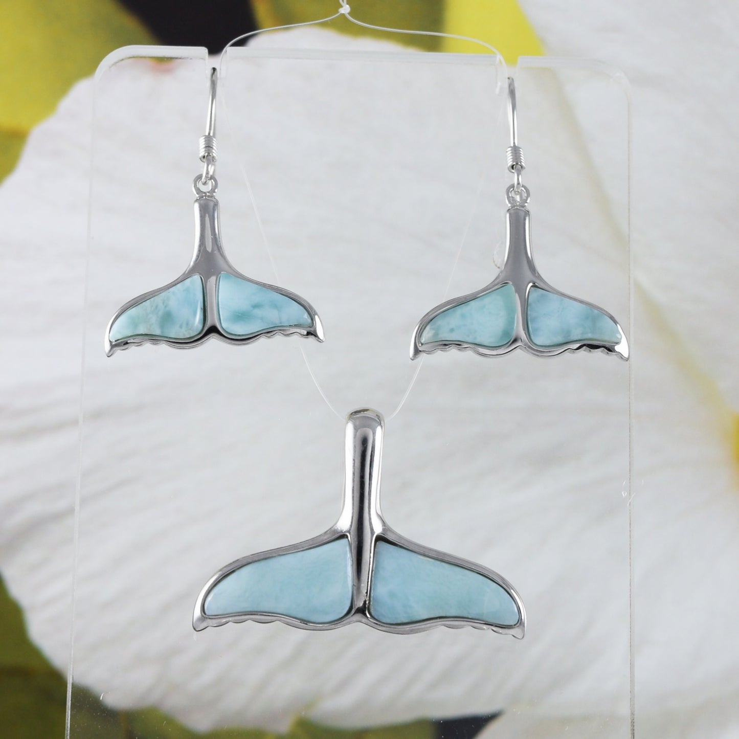 Boucles d'oreilles et collier uniques en forme de queue de baleine en larimar véritable hawaïen, pendentif en argent sterling en forme de queue de baleine en larimar, cadeau d'anniversaire pour maman N8445S