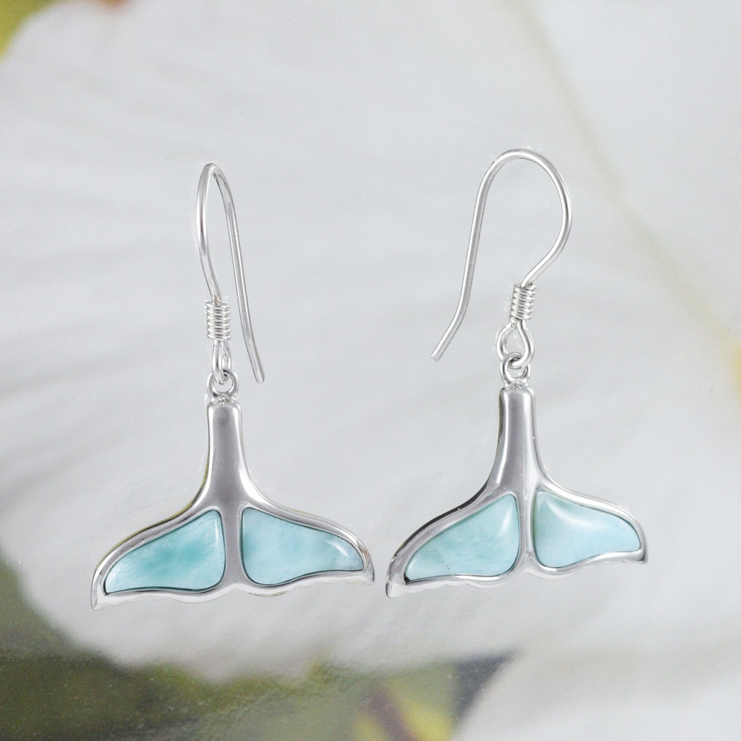 Boucles d'oreilles et collier uniques en forme de queue de baleine en larimar véritable hawaïen, pendentif en argent sterling en forme de queue de baleine en larimar, cadeau d'anniversaire pour maman N8445S