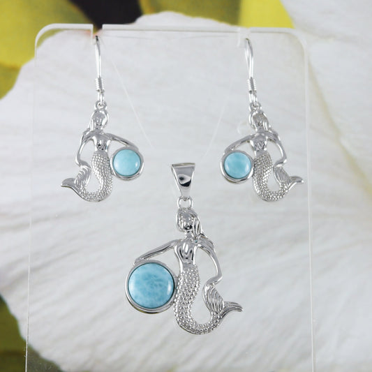 Boucles d'oreilles et collier uniques en véritable larimar hawaïen avec pendentif sirène en argent sterling, N8447S, cadeau d'anniversaire pour mère, épouse, maman