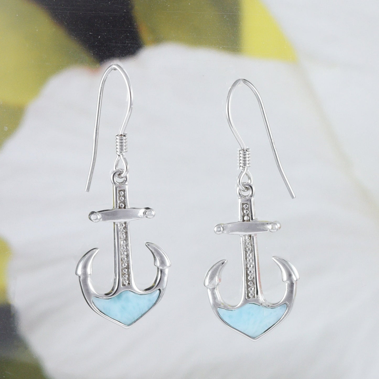 Boucles d'oreilles et collier uniques en forme d'ancre en forme de croix en larimar véritable hawaïen, pendentif en argent sterling avec ancre en larimar, cadeau d'anniversaire pour maman N8448S