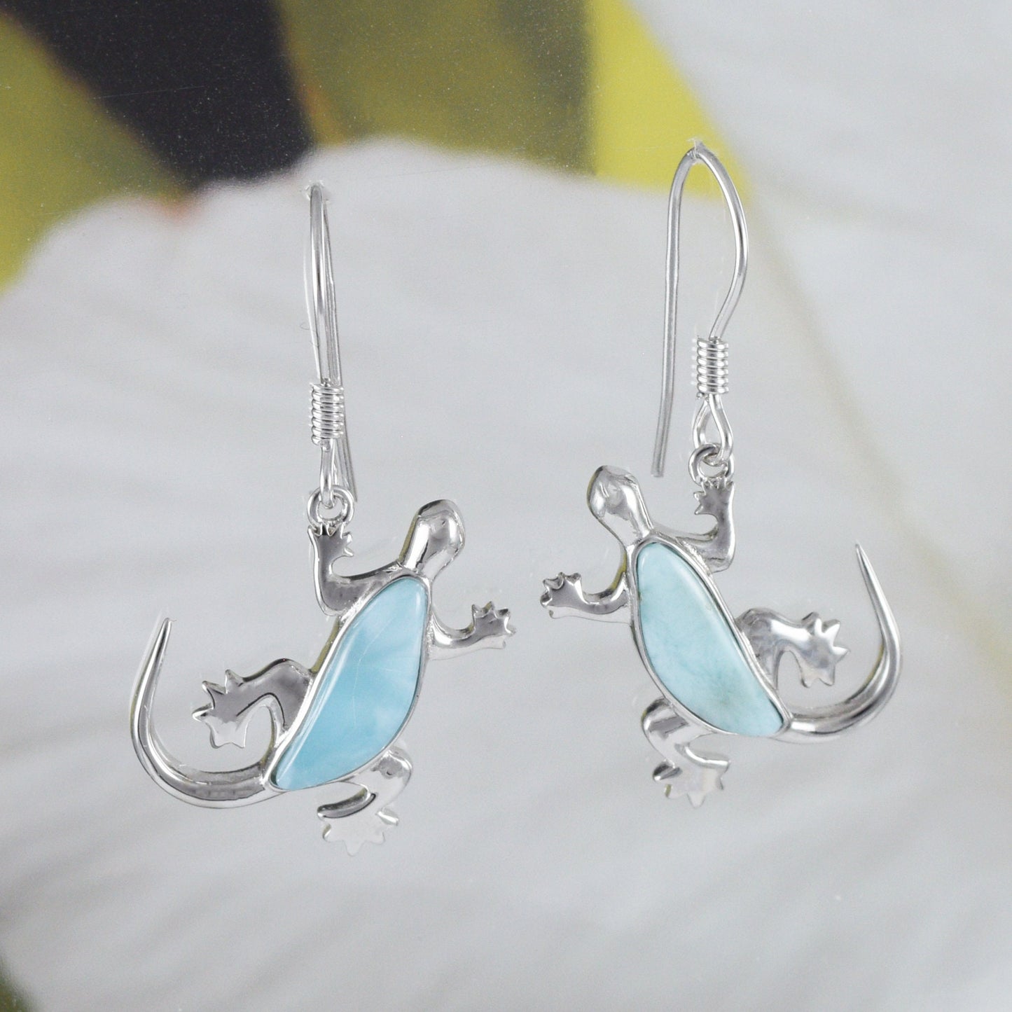 Boucles d'oreilles et collier uniques en véritable larimar gecko hawaïen, pendentif en argent sterling larimar gecko, cadeau d'anniversaire pour mère, épouse, maman, N8451S