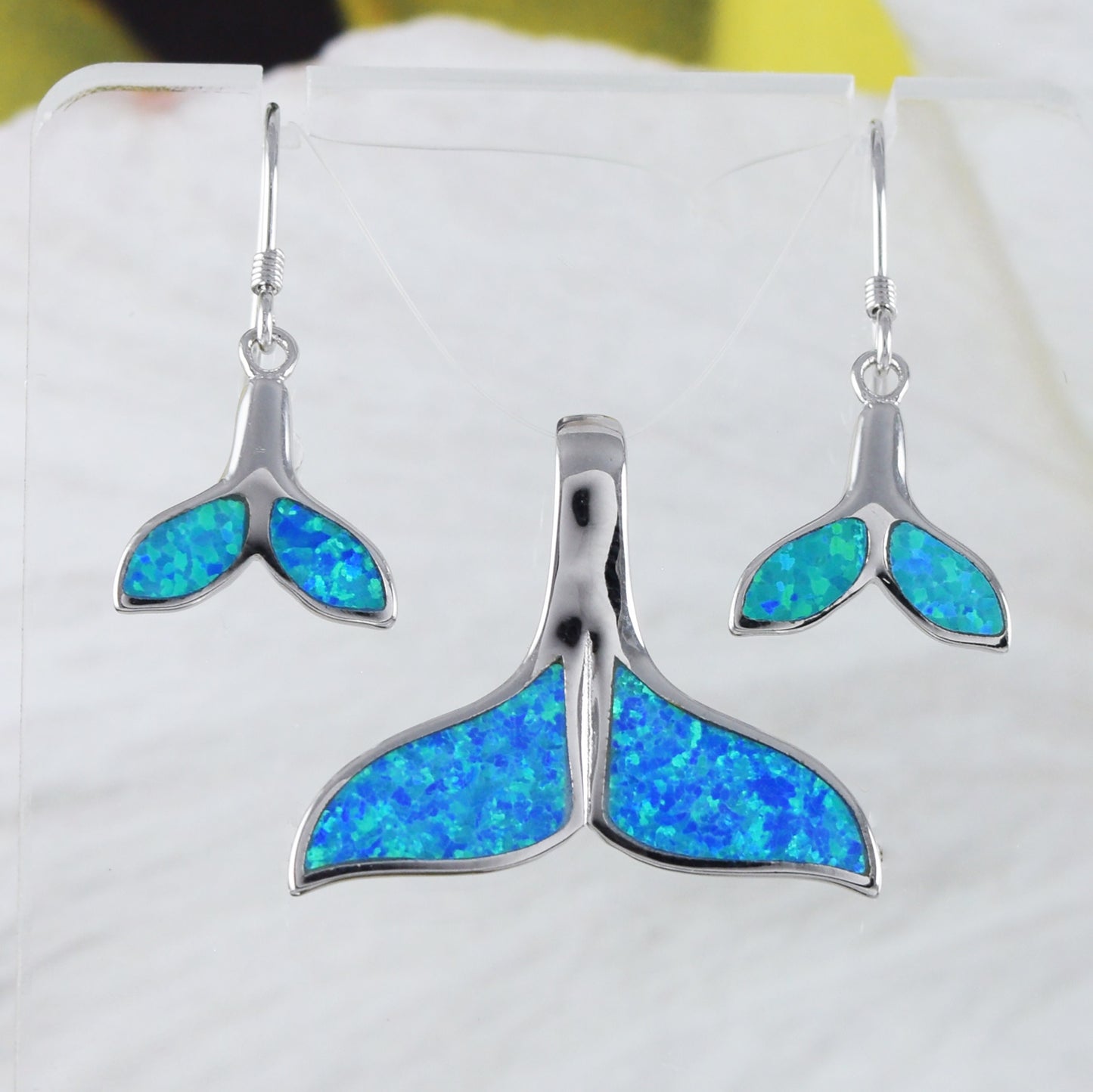 Beautiful Hawaiian Blue Opal Whale Tail Earring and Necklace, Sterling Silver Blue Opal Whale Tail Pendant, N6017SH Birthday Mother Mom Gift