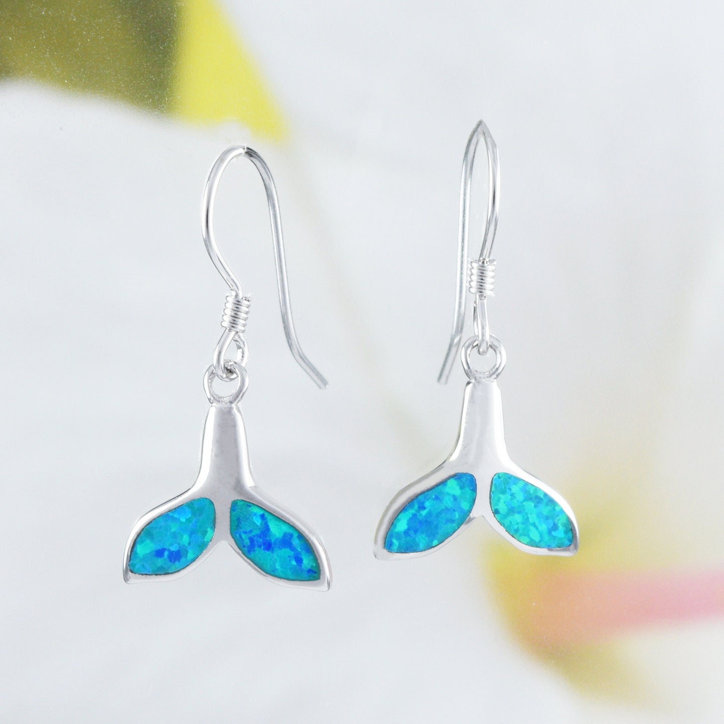 Beautiful Hawaiian Blue Opal Whale Tail Earring and Necklace, Sterling Silver Blue Opal Whale Tail Pendant, N6017SH Birthday Mother Mom Gift