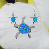 Superbes boucles d'oreilles et collier en forme de tortue de mer hawaïenne de grande taille avec opale bleue, pendentif en forme de tortue en argent sterling avec opale, cadeau d'anniversaire pour maman N6024SH