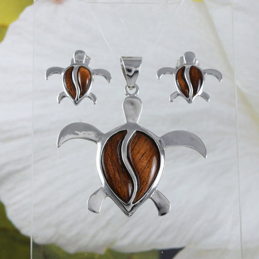 Boucles d'oreilles et collier uniques en véritable bois de koa hawaïen de grande taille avec tortue de mer, pendentif en argent sterling en bois de koa, cadeau d'anniversaire pour maman N8504S