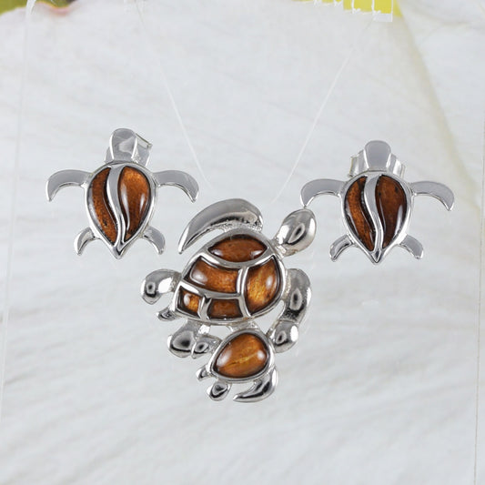 Boucles d'oreilles et collier uniques en bois de koa véritable hawaïen pour maman et bébé tortue de mer, pendentif tortue en argent sterling, cadeau d'anniversaire pour mère N8509S