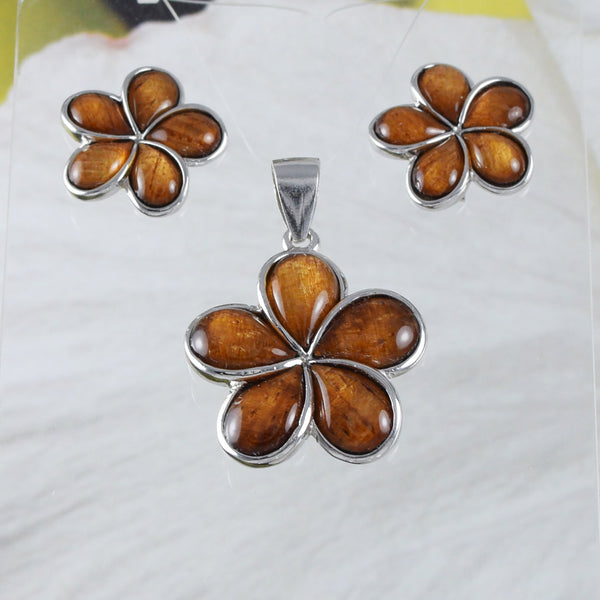 Magnifique boucle d'oreille et collier en véritable bois de koa hawaïen Plumeria, pendentif en argent sterling en bois de koa Plumeria, cadeau d'anniversaire N8512S