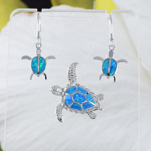 Jolie boucle d'oreille et collier tortue de mer hawaïenne, pendentif tortue en argent sterling opale bleue, cadeau d'anniversaire pour mère, épouse, maman, N6021SH