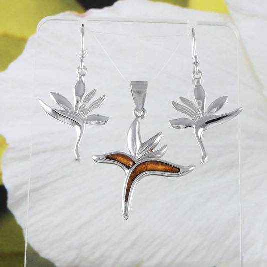 Boucles d'oreilles et collier uniques en bois de koa véritable hawaïen avec oiseau de paradis, pendentif en argent sterling avec oiseau de paradis, cadeau d'anniversaire pour maman N8510SH