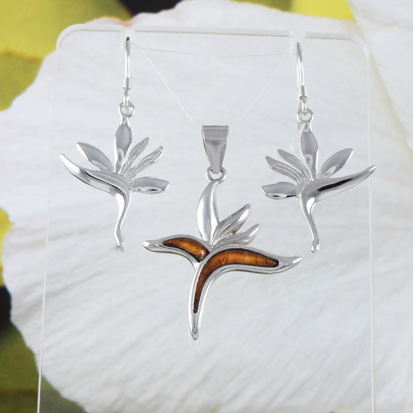 Boucles d'oreilles et collier uniques en bois de koa véritable hawaïen avec oiseau de paradis, pendentif en argent sterling avec oiseau de paradis, cadeau d'anniversaire pour maman N8510SH