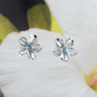 Beautiful Hawaiian X-Large Genuine Blue Topaz Plumeria Earring and Necklace, Sterling Silver Plumeria Flower Pendant, N8533S Birthday Gift