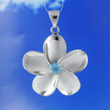 Beautiful Hawaiian X-Large Genuine Blue Topaz Plumeria Earring and Necklace, Sterling Silver Plumeria Flower Pendant, N8533S Birthday Gift