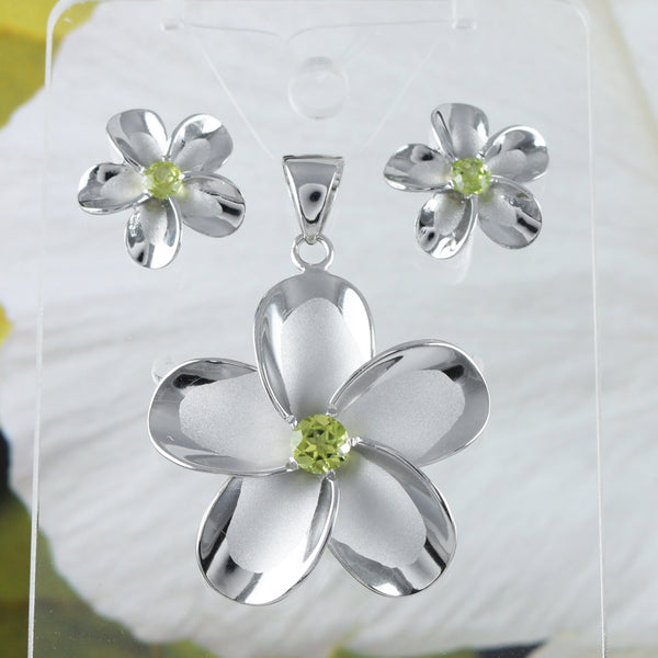 Magnifiques boucles d'oreilles et collier en véritable péridot Plumeria hawaïen de très grande taille, pendentif en argent sterling en forme de fleur de Plumeria, cadeau d'anniversaire pour maman N8535S