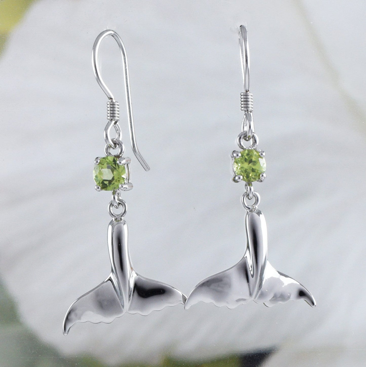 Beautiful Hawaiian Genuine Peridot Whale Tail Earring and Necklace, Sterling Silver Whale Tail Pendant, N8541S Birthday Mother Wife Mom Gift