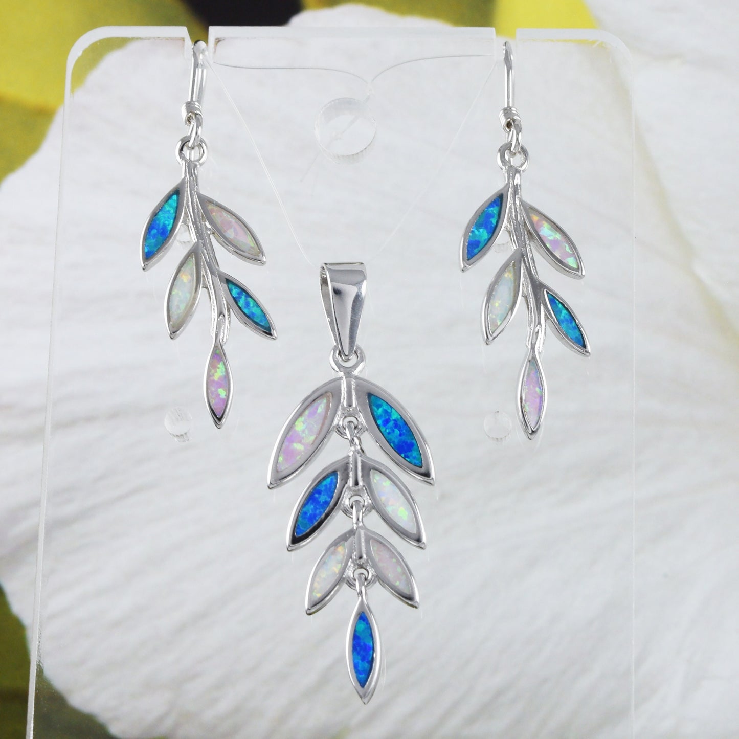 Beautiful Hawaiian Tri-color Opal Maile Leaf Earring and Necklace, Sterling Silver Blue White Pink Opal Maile Leaf Pendant, N8838S Mom Gift