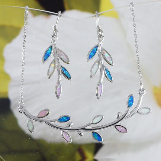 Boucles d'oreilles et collier uniques et magnifiques en forme de feuille de maille en opale tricolore hawaïenne, collier en argent sterling avec feuille de maille en opale, cadeau d'anniversaire pour maman N8839S