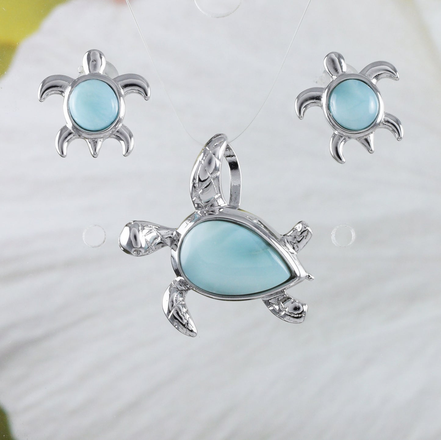 Boucles d'oreilles et collier uniques en véritable tortue de mer Larimar hawaïenne, pendentif en argent sterling avec tortue Larimar, cadeau d'anniversaire pour maman N8841S