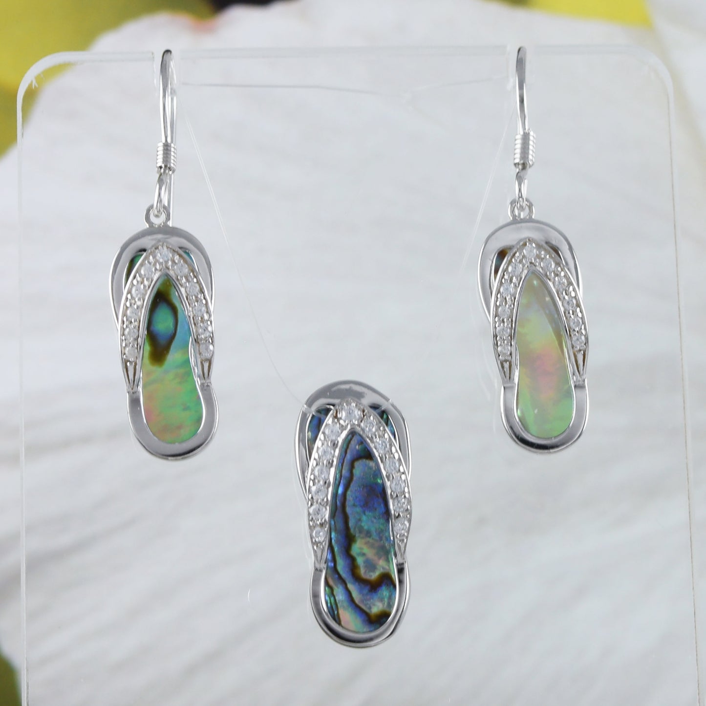 Boucles d'oreilles et collier uniques en coquillage de paua hawaïen véritable, pendentif sandale en argent sterling avec nacre d'ormeau, cadeau d'anniversaire pour mère N8846S