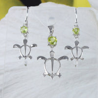 Boucles d'oreilles et collier uniques en véritable péridot hawaïen, pendentif tortue de mer en argent sterling, cadeau d'anniversaire, de Saint-Valentin, N8909S