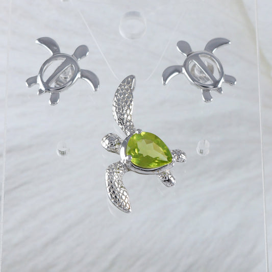 Boucles d'oreilles et collier uniques en véritable péridot hawaïen, pendentif tortue de mer en argent sterling, cadeau d'anniversaire pour maman N8880S