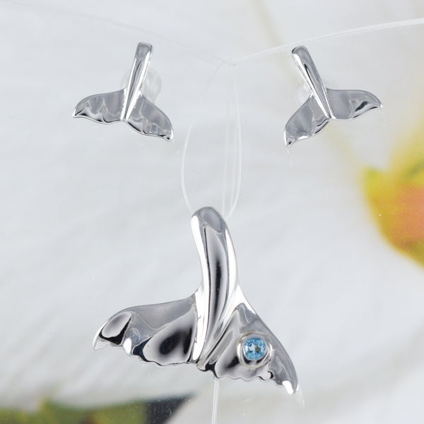 Magnifique boucle d'oreille et collier en queue de baleine en topaze bleue véritable hawaïenne, pendentif en argent sterling en forme de queue de baleine, cadeau d'anniversaire pour maman N8886S