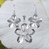 Magnifiques boucles d'oreilles et collier hawaïens de grande taille en plumeria, pendentif en argent sterling avec fleur de plumeria en zircone cubique, cadeau d'anniversaire pour mère, épouse, maman, N6002S