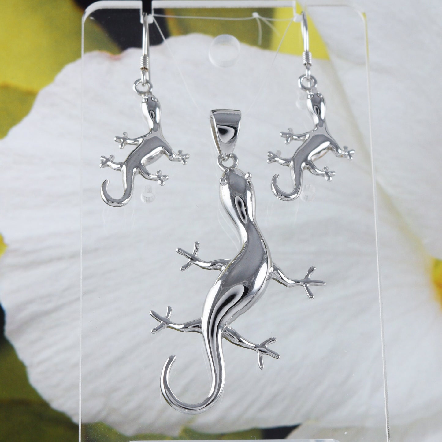 Unique Gorgeous Hawaiian X-Large Gecko Earring and Necklace, Sterling Silver Gecko Pendant, N6120S Birthday Mother Wife Mom Gift