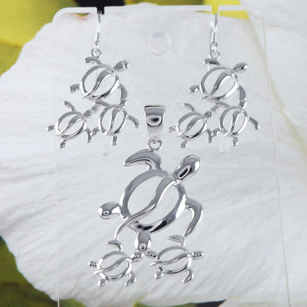 Magnifique collier et boucles d'oreilles hawaïennes de grande taille pour maman et 2 bébés tortues de mer, pendentif en argent sterling pour famille de tortues de mer N6027S2, cadeau d'anniversaire pour maman