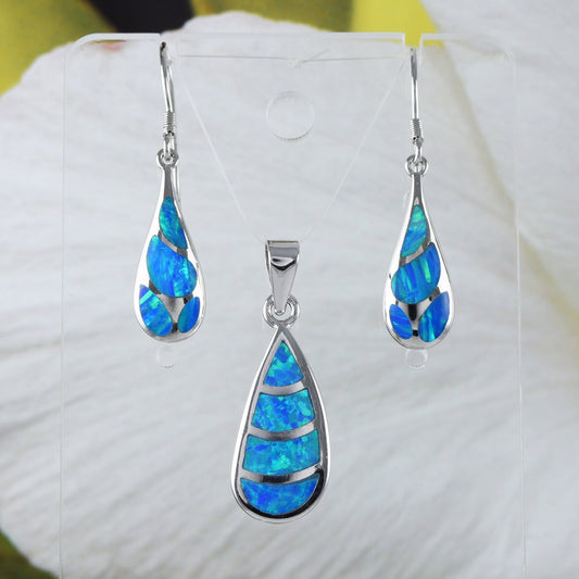 Boucles d'oreilles et collier uniques en forme de goutte de pluie en opale bleue hawaïenne, pendentif en argent sterling en forme de goutte de pluie en opale bleue, cadeau d'anniversaire pour maman N9308S