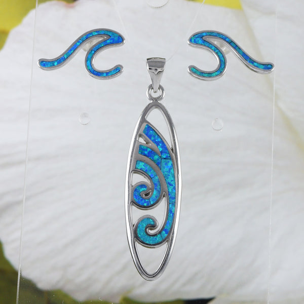 Boucles d'oreilles et collier uniques en forme de planche de surf avec grande vague d'opale bleue hawaïenne, pendentif en argent sterling avec vague d'opale bleue, cadeau pour maman N9313S