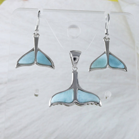 Boucles d'oreilles et collier uniques en forme de queue de baleine en larimar véritable hawaïen, pendentif en argent sterling en forme de queue de baleine en larimar, cadeau d'anniversaire pour femme et maman N9325S2