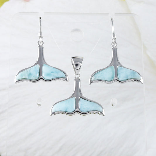 Boucles d'oreilles et collier uniques en forme de queue de baleine en larimar véritable hawaïen, pendentif en argent sterling en forme de queue de baleine en larimar, cadeau d'anniversaire pour femme et maman N9325S3