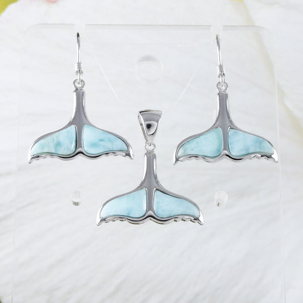 Unique Hawaiian Genuine Larimar Whale Tail Earring and Necklace, Sterling Silver Larimar Whale Tail Pendant, N9325S3 Birthday Wife Mom Gift